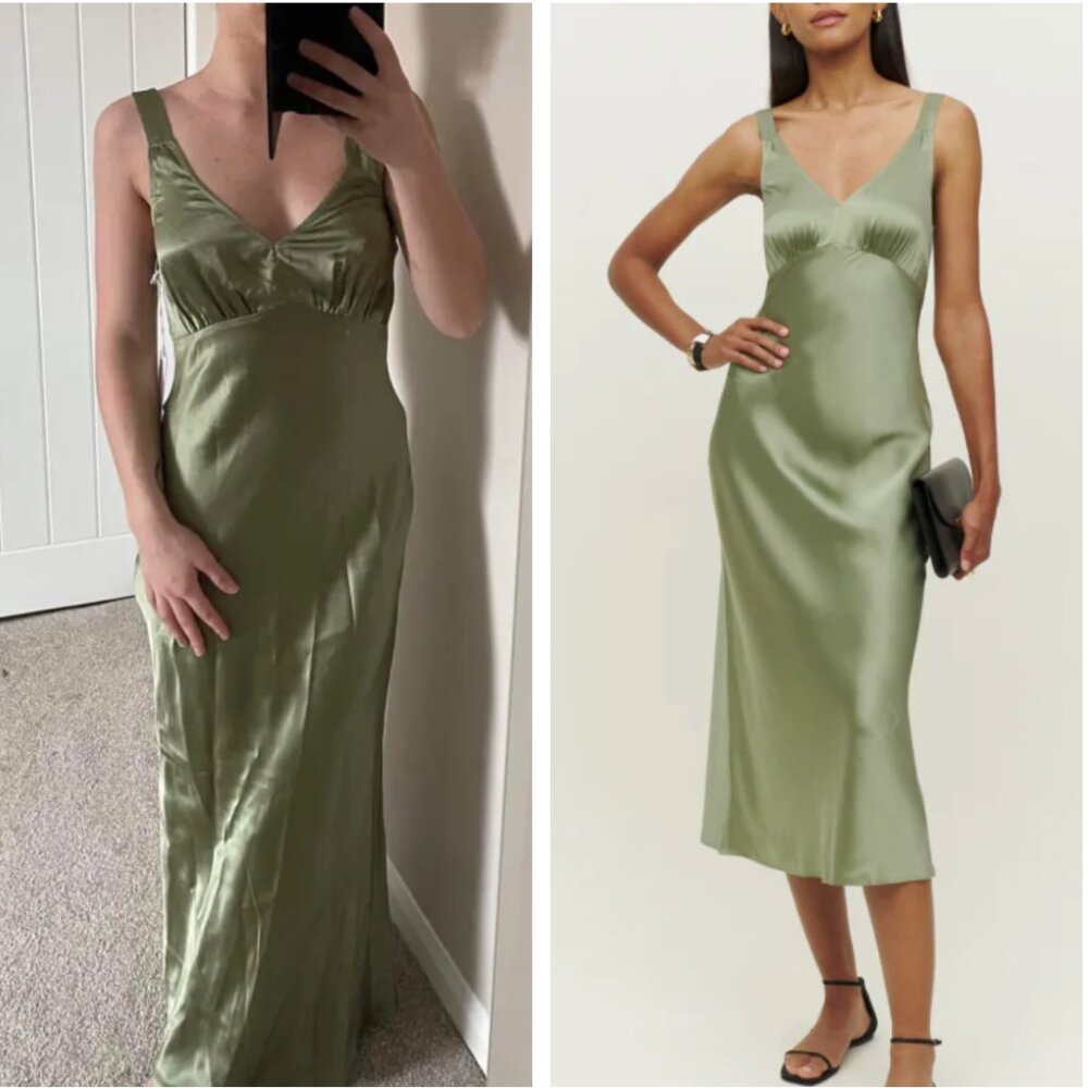 BEST Reformation Daytona Midi Dress Medium Artichoke Green Wedding Silk Slip
